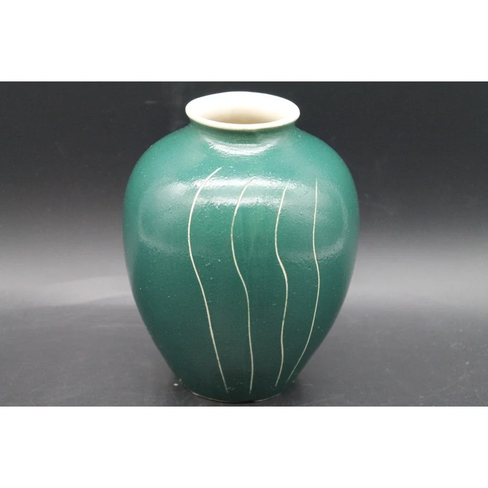 Vintage Waylande Gregory Sgraffito Art Pottery Vase Green Figural Face MCM